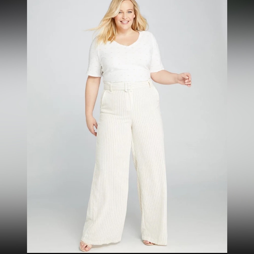 Lane Bryant wide leg linen blend pants striped cream color size 20 belted NWT